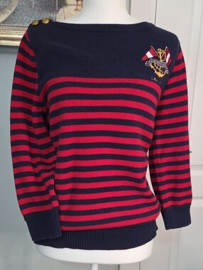 Ralph Lauren Nautical Navy & Red Striped Knit Sweater with Embroidered Crest